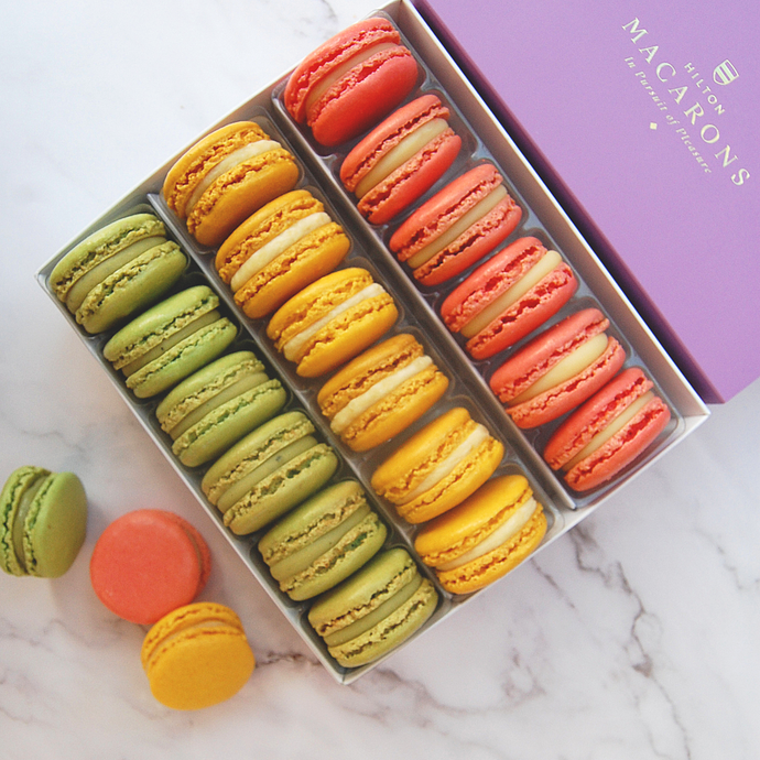 Hilton Macarons - Box of 18 Three Flavour Macarons. Buy online for delivery anywhere in UK